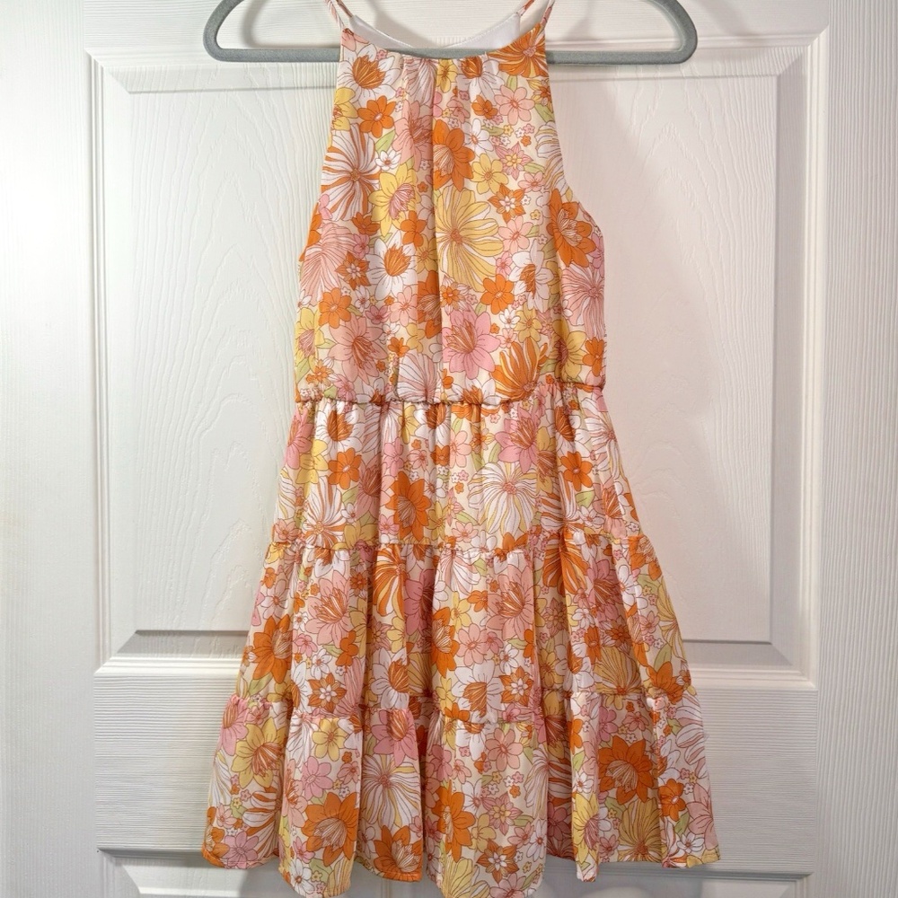 Lush Dress Size S Small - Pink Orange Tiered Floral Boho Summer Sundress Mini